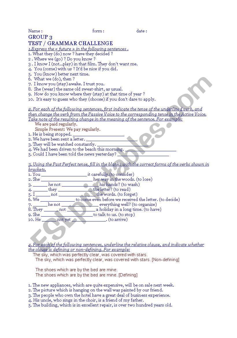 TEST G3 grammar chalenge  worksheet