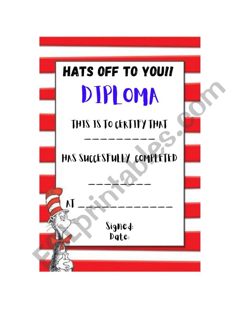 DIPLOMA END OF SCHOOL CAT IN THE HAT