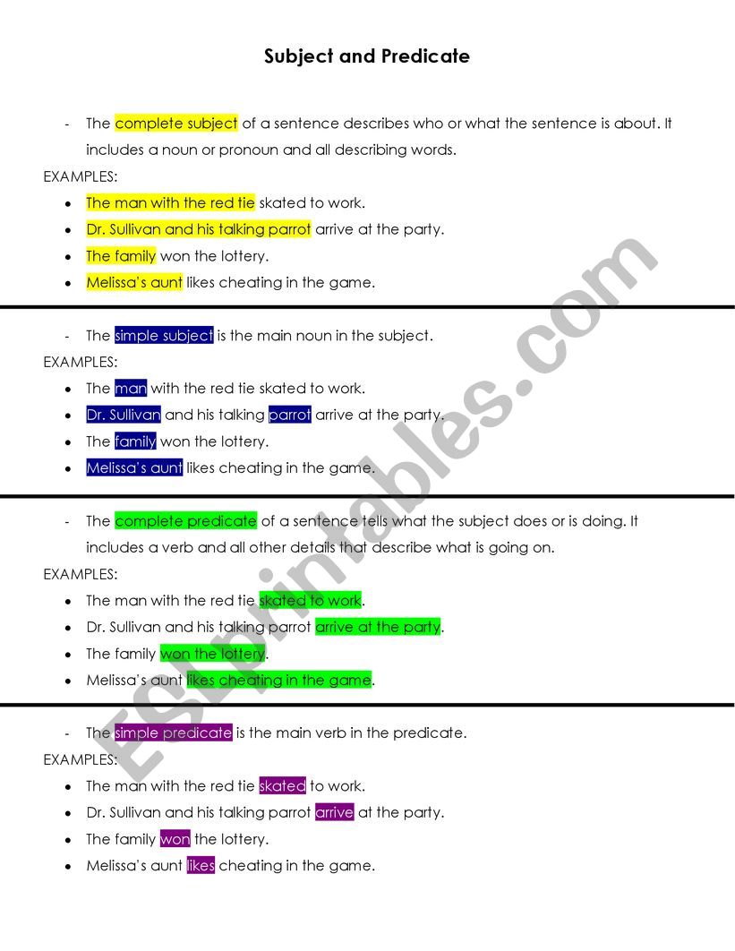 Subject and Predicate worksheet