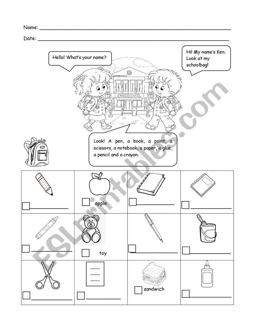 school supplies worksheet