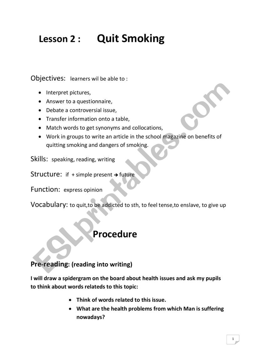 SMOKING Lesson Plan Bac students