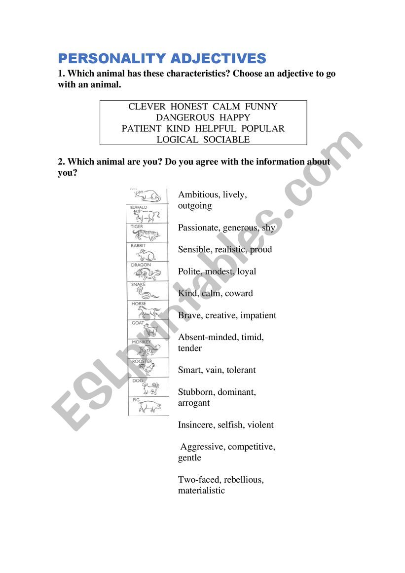 PERSONALITY ADJECTIVES worksheet