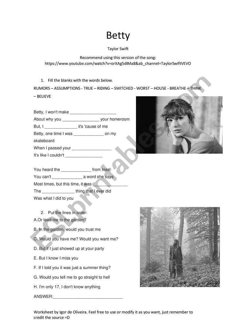 SONG - Betty by Taylor swift worksheet