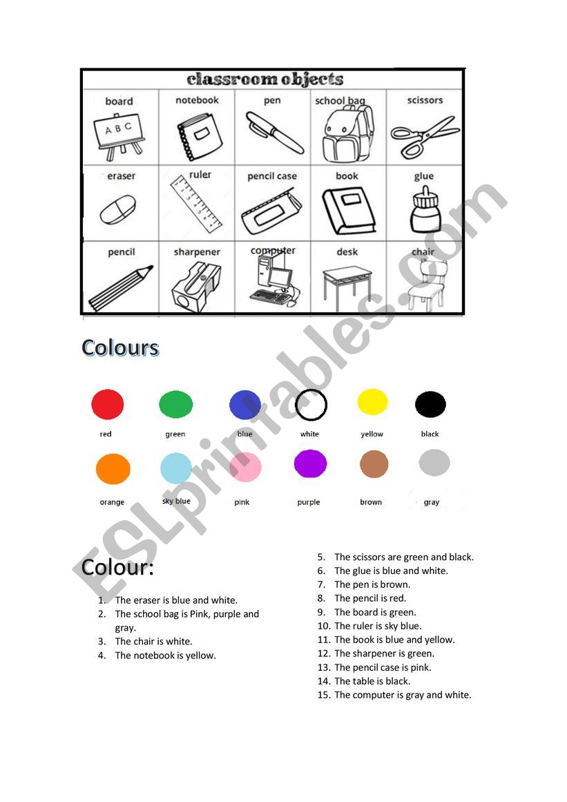 classroom objects worksheet