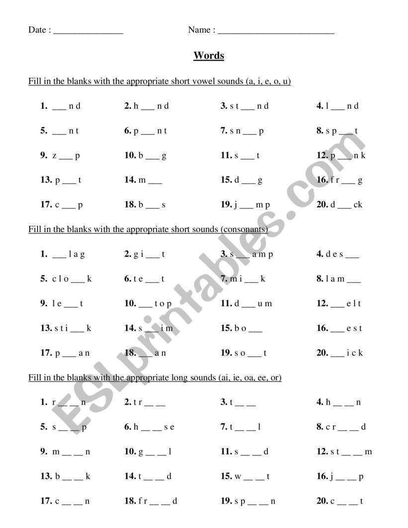 Word fill-ups worksheet