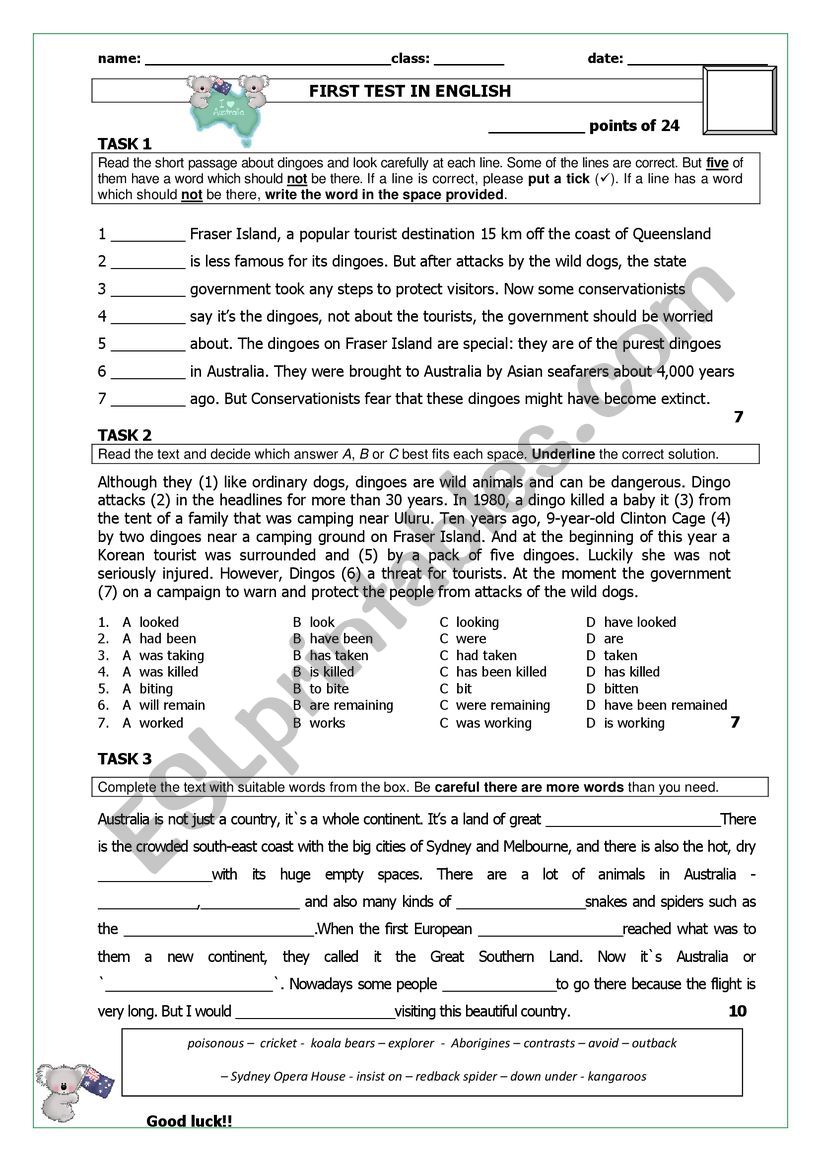 Written test Australia worksheet