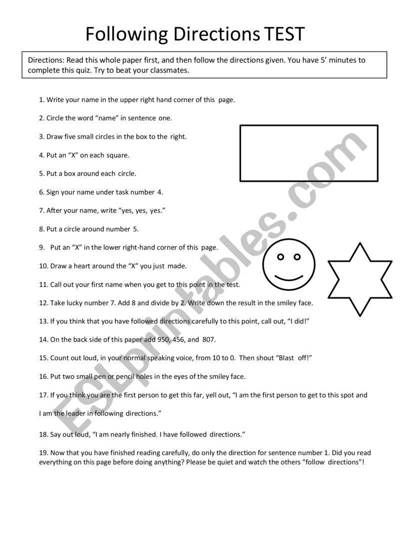Following directions test worksheet