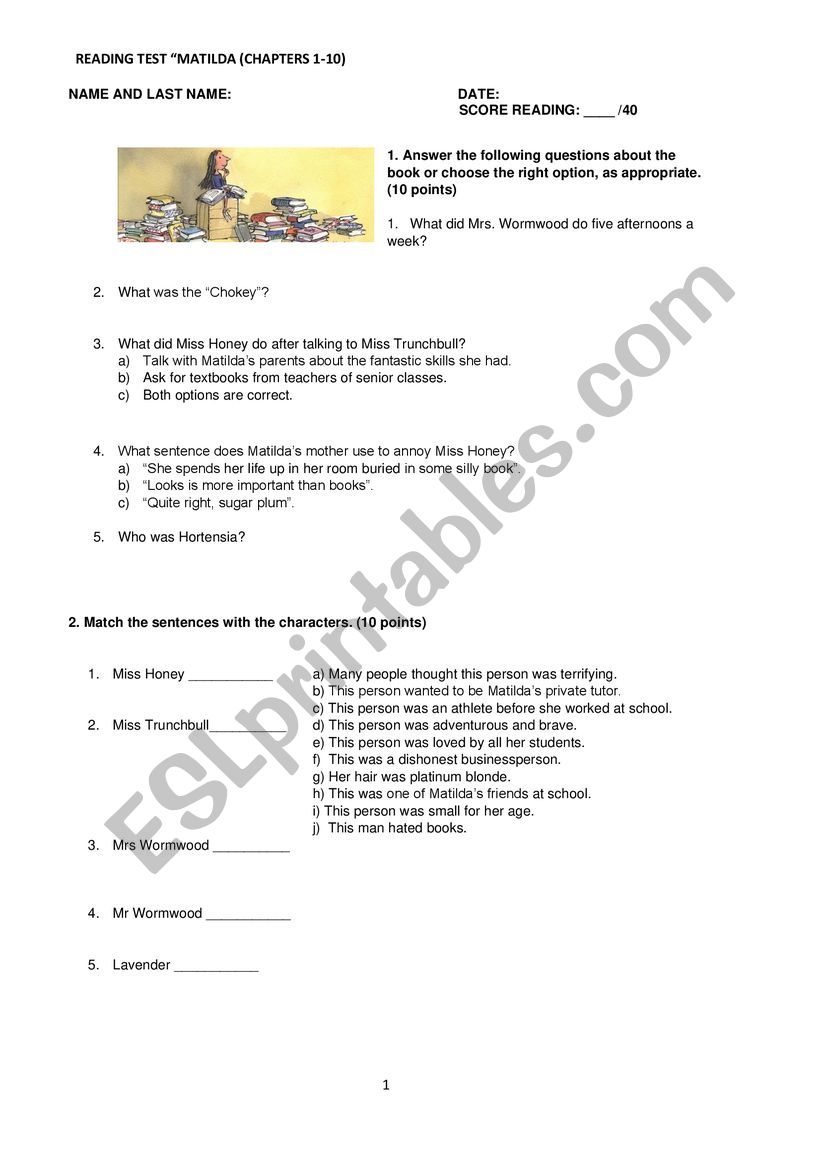 Matilda test. Chapters 1-10. worksheet