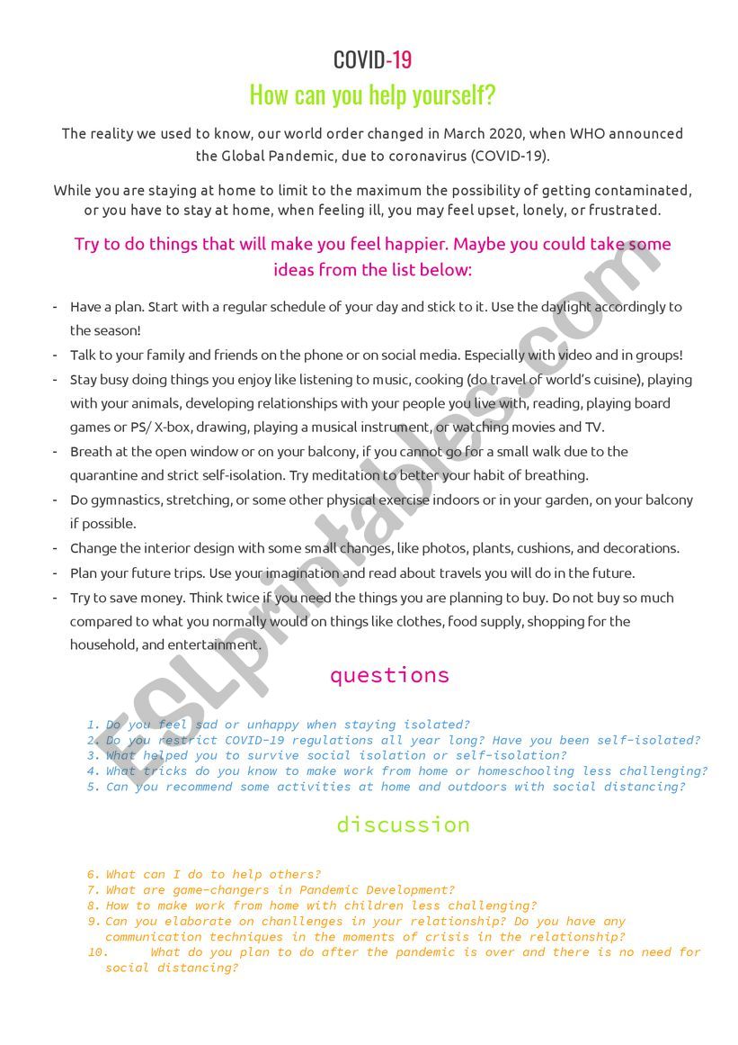 Easy reading and speaking activities COVID-19 How can you help yourself