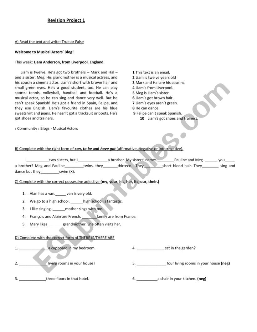 Diagnostic test worksheet