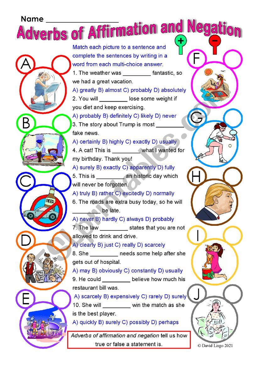 Adverbs of Affirmation and Negation multi-choice worksheet with answer keys