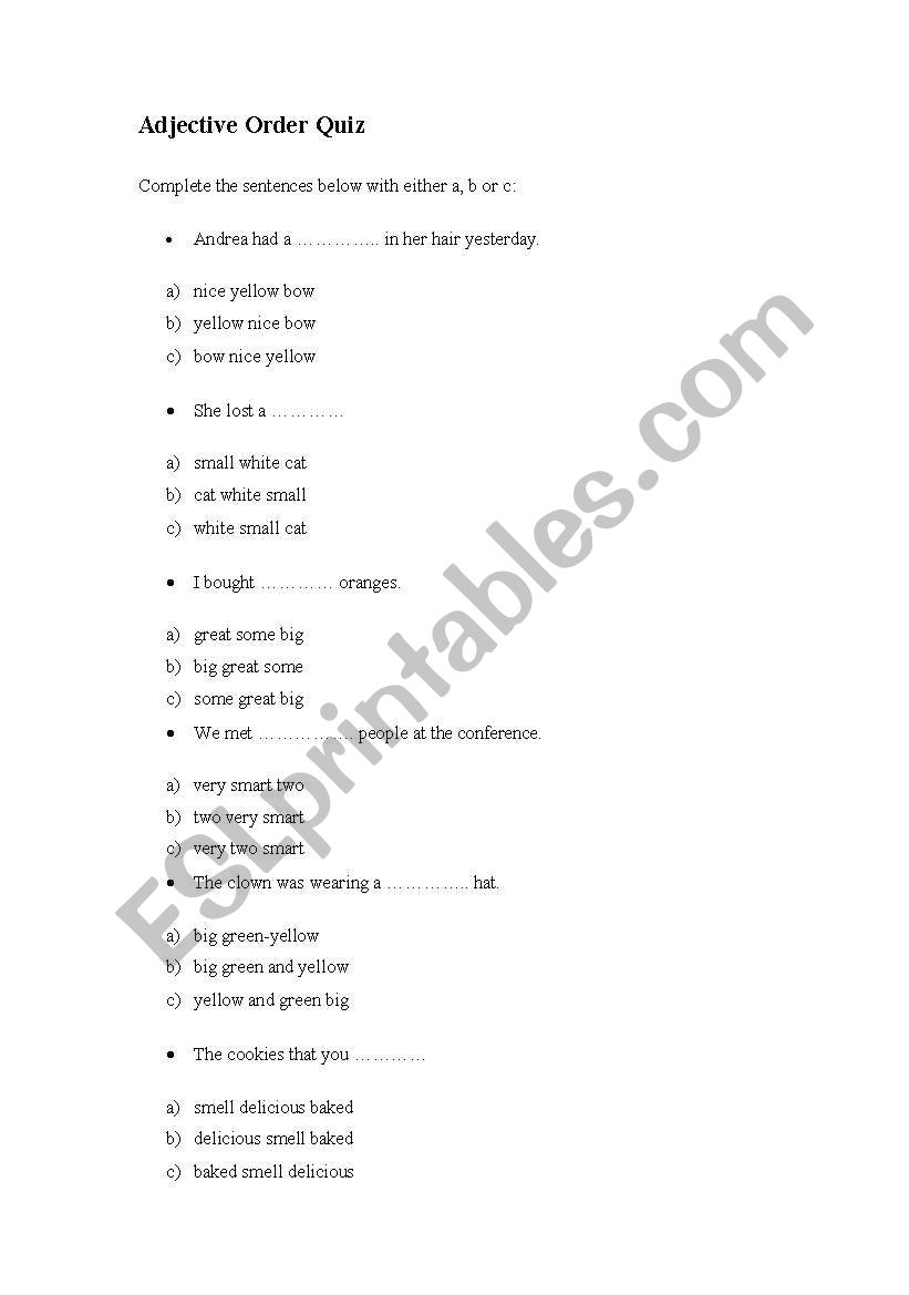 Adjective order quizz worksheet