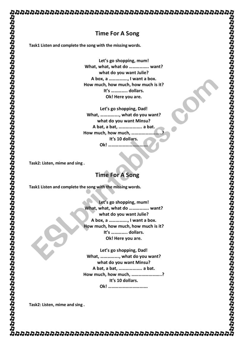 let�s go shopping song worksheet