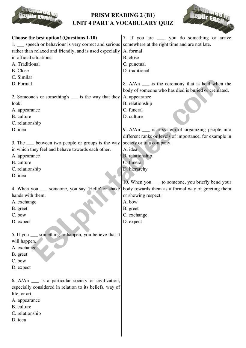 Prism Reading 2 Unit 4 Part A Vocabulary Quiz