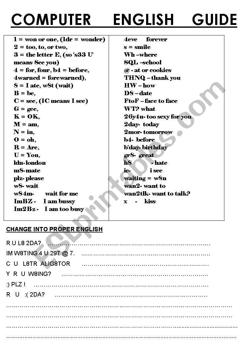 Computer Englisg Guide worksheet