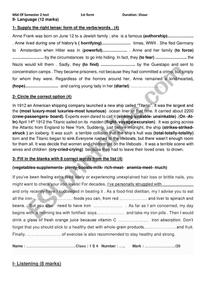 First Form Mid of Term 2  Test    