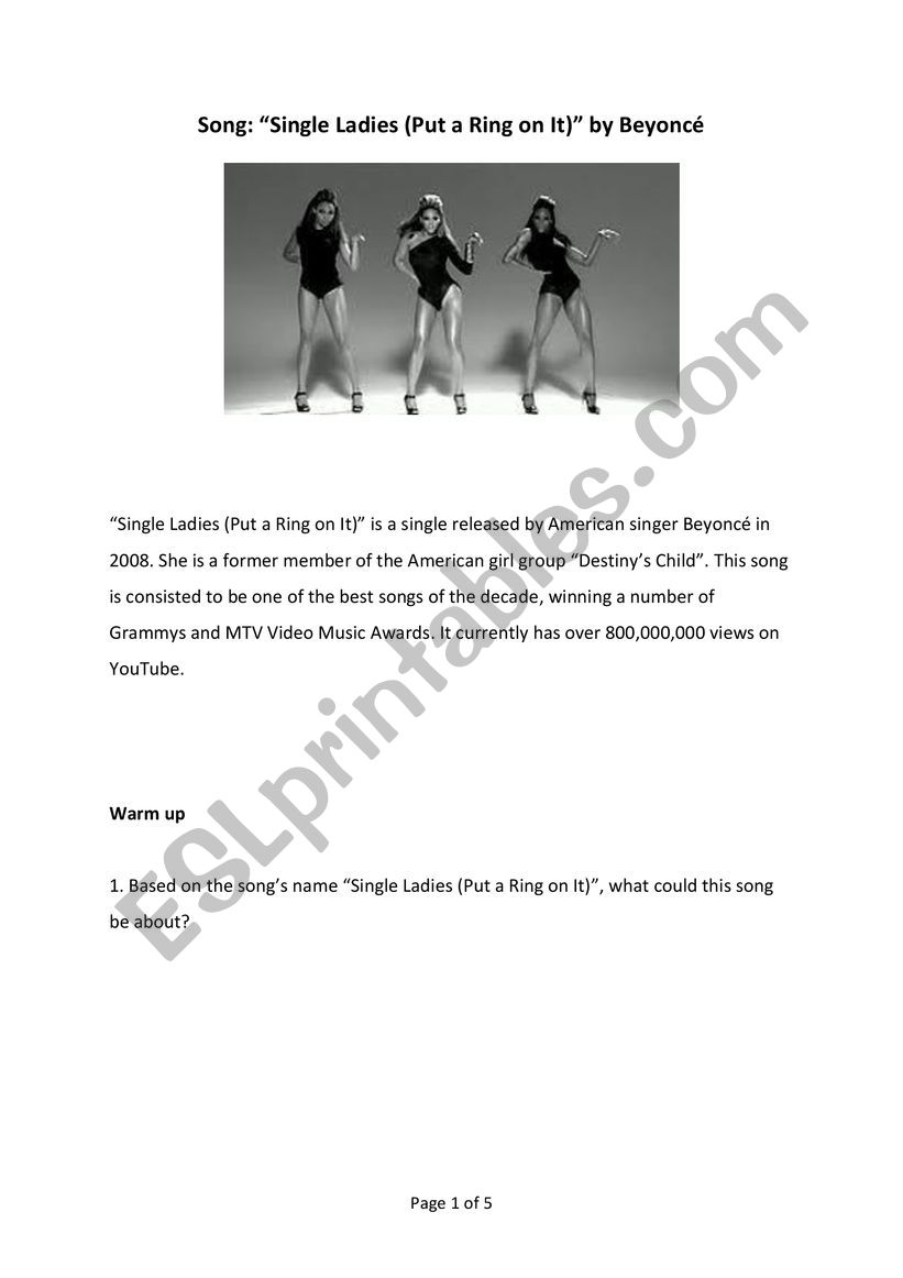Beyonce - Single Ladies worksheet