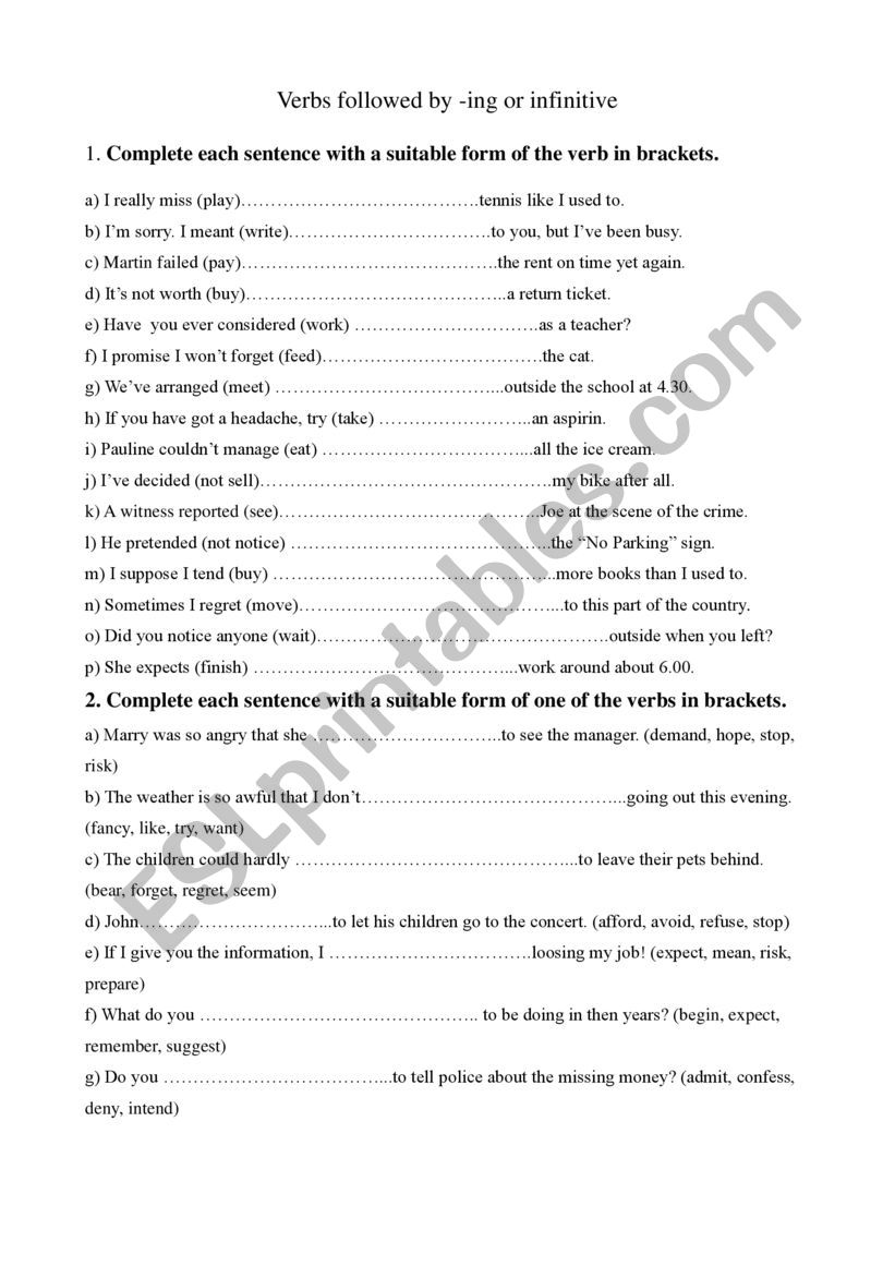 Verbs followed by -ing or infinitive