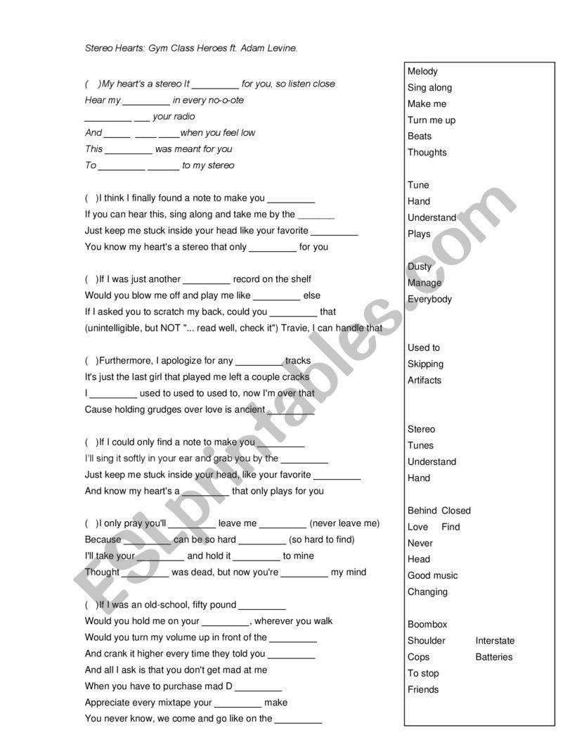 Stereo Hearts lyric gap fill worksheet