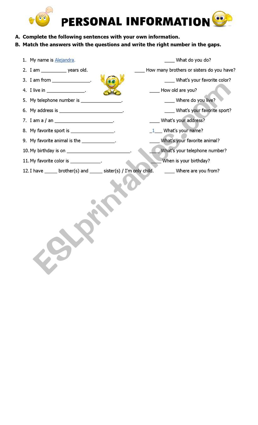 personal information worksheet