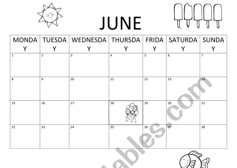 June weather calendar worksheet