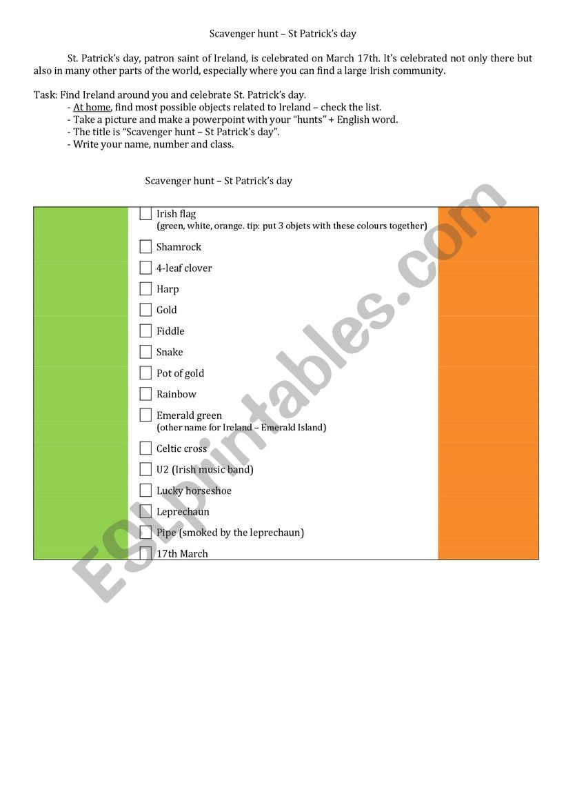 St Patrick�s day - scavenger hunt