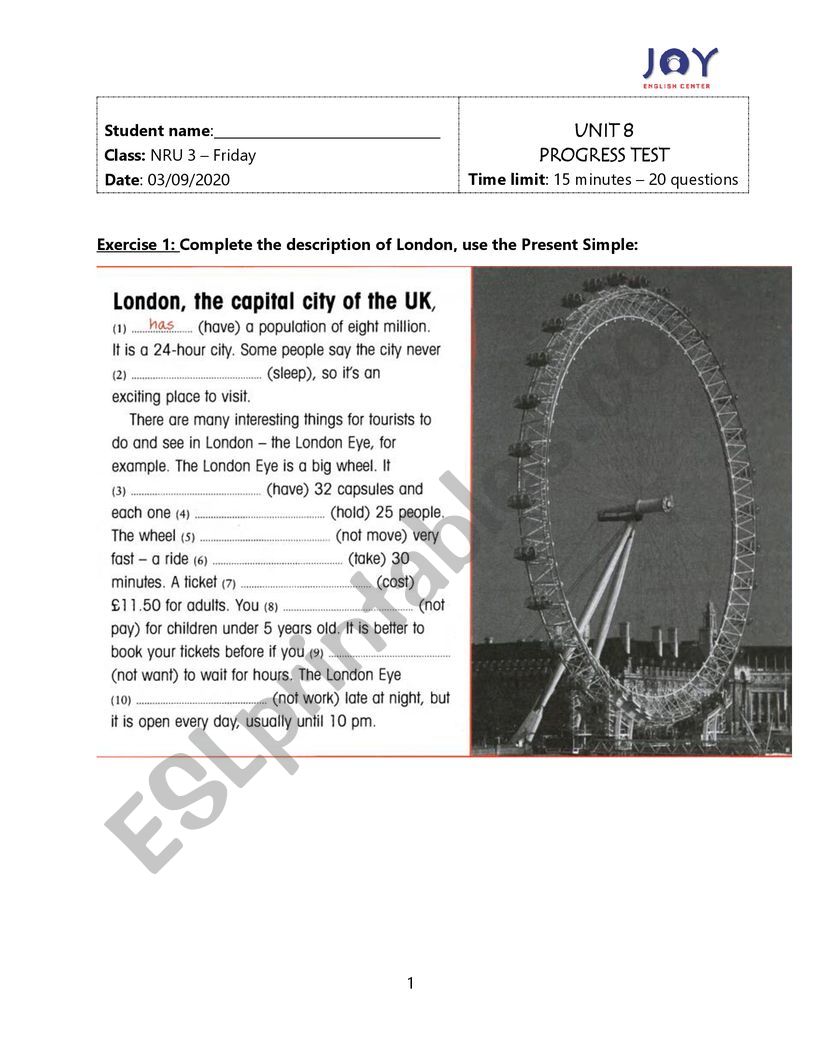 TEst for Grade 8 worksheet