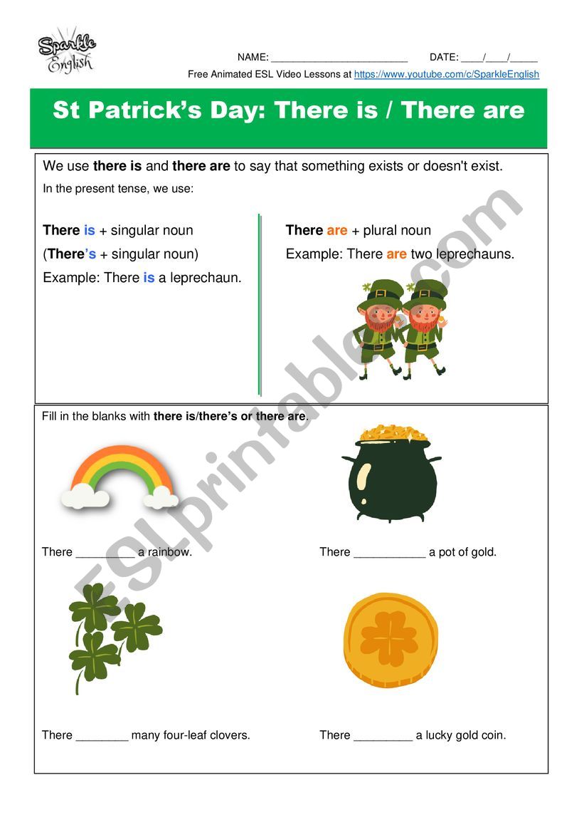 St. Patricks Day Lesson on There is or There are - Worksheet, Activity, and Video Lesson