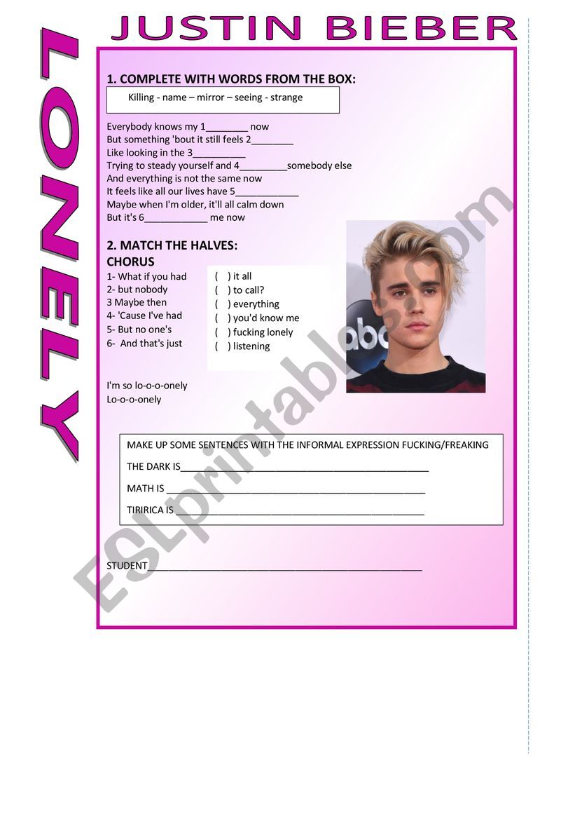 Lonely Justin Bieber Song worksheet