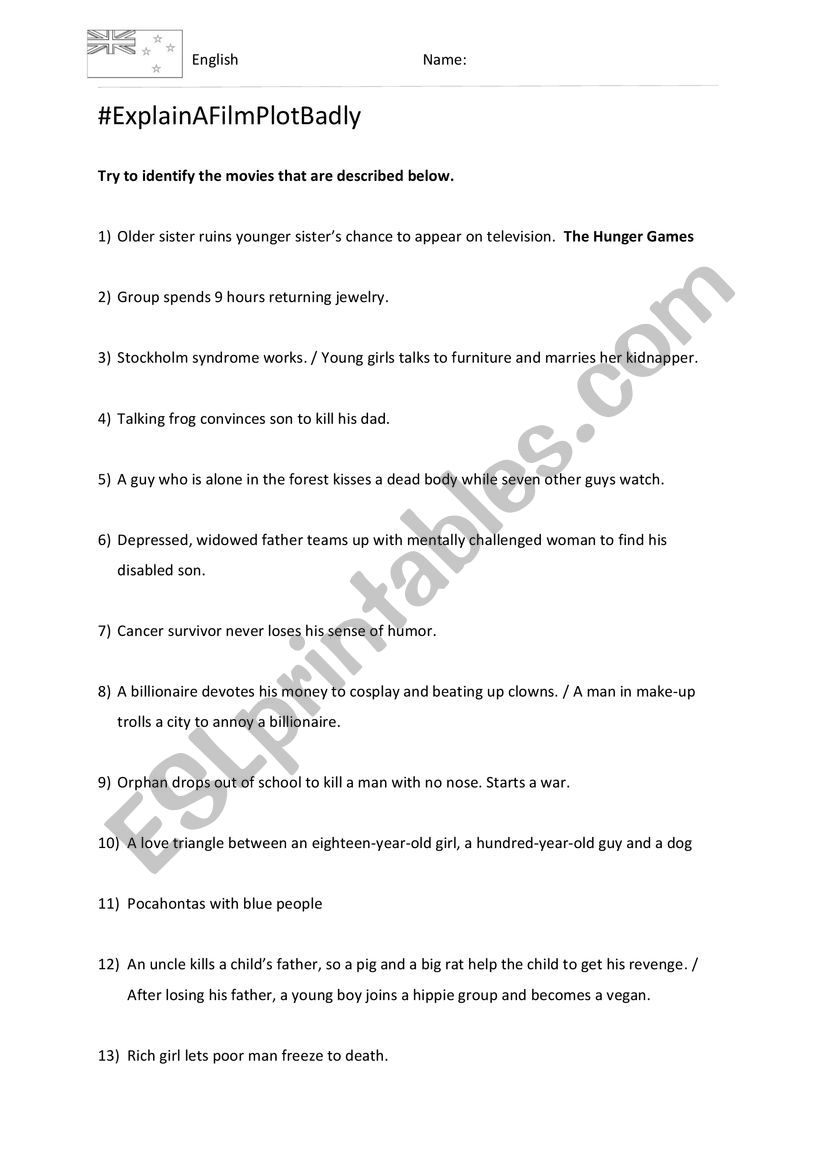 Explain a film plot badly worksheet