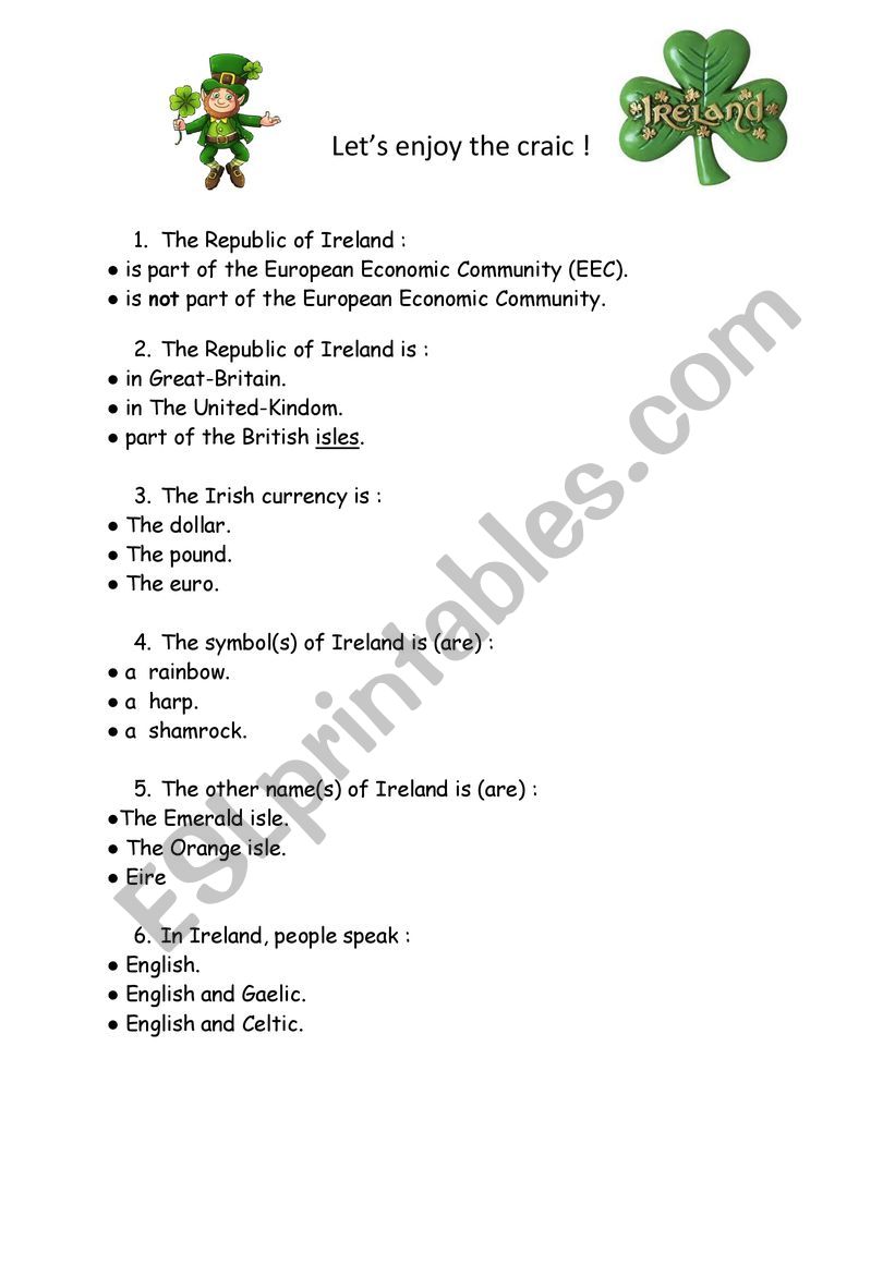 Enjoy the craic ! worksheet