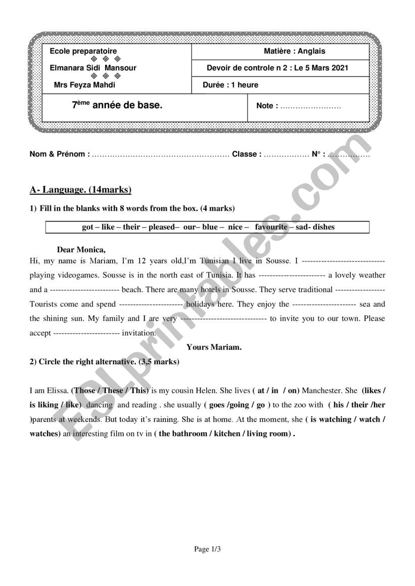 7th test2 worksheet