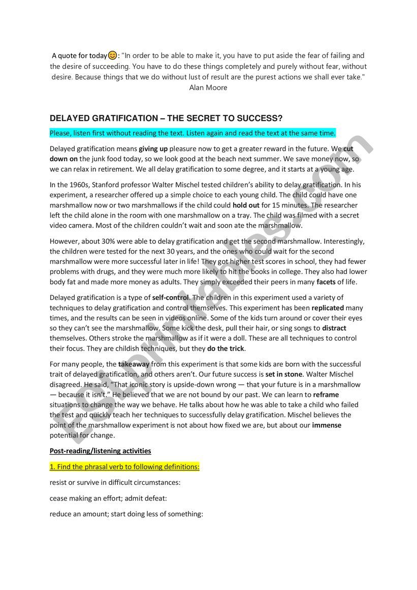 Delayed gratification worksheet