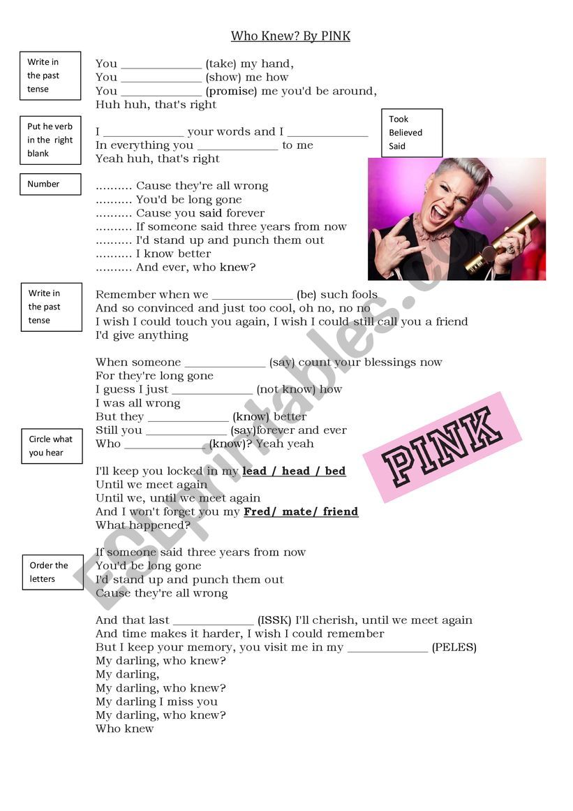 Who Knew? by PINK worksheet