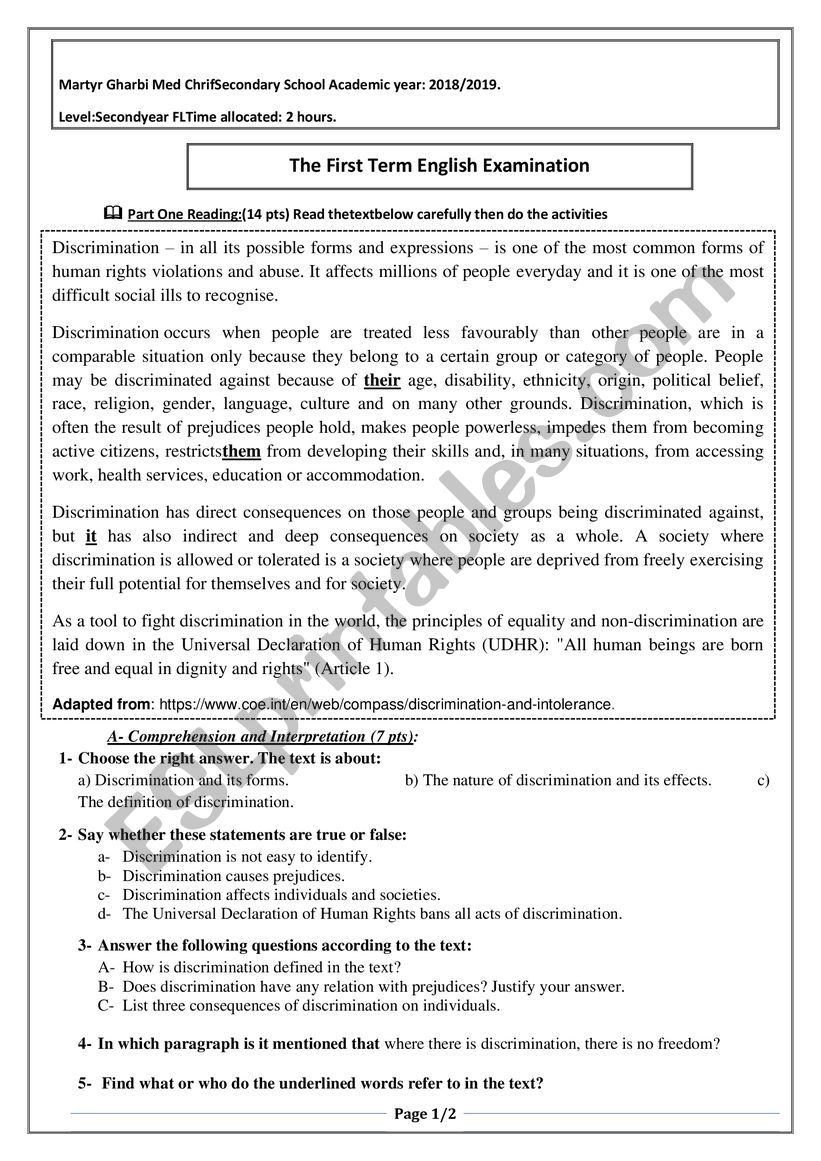 Exam worksheet