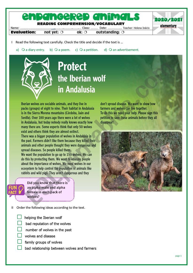 Reading comprehension: endangered animals (Iberian Wolf) - ESL worksheet by  helenaainacio