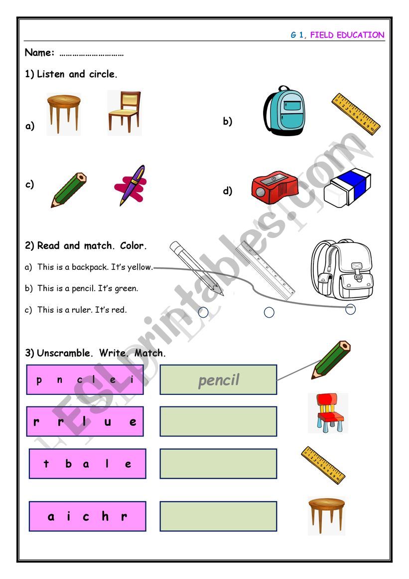 Classroom Items Worksheet worksheet