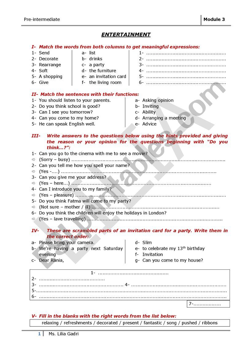 Entertainment worksheet