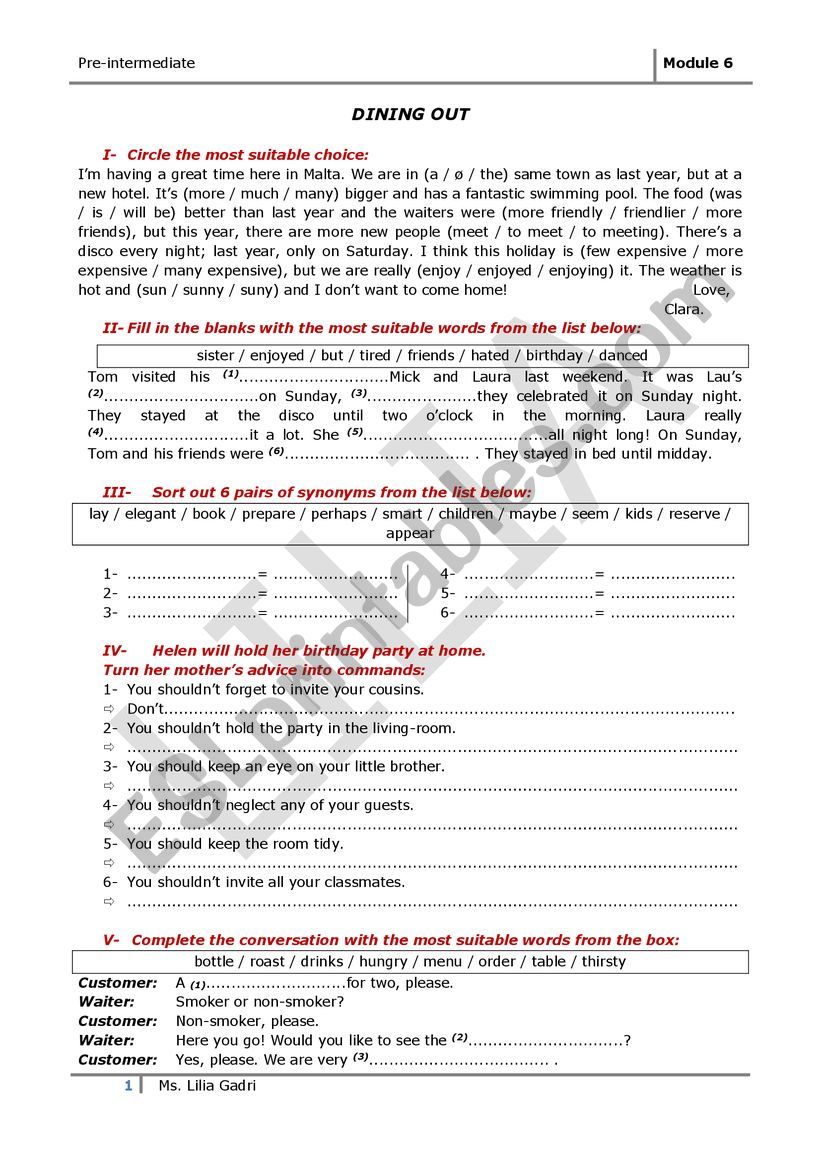 Dining out worksheet