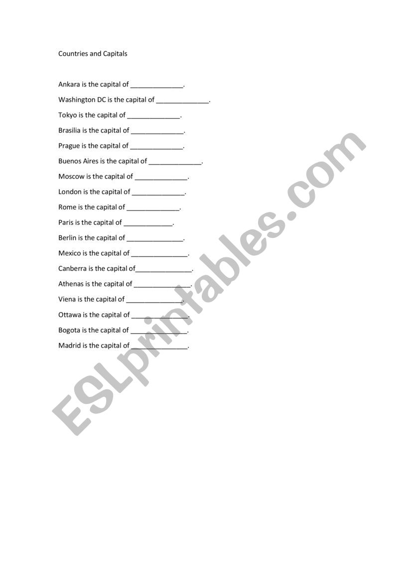 Countries and Capitals worksheet