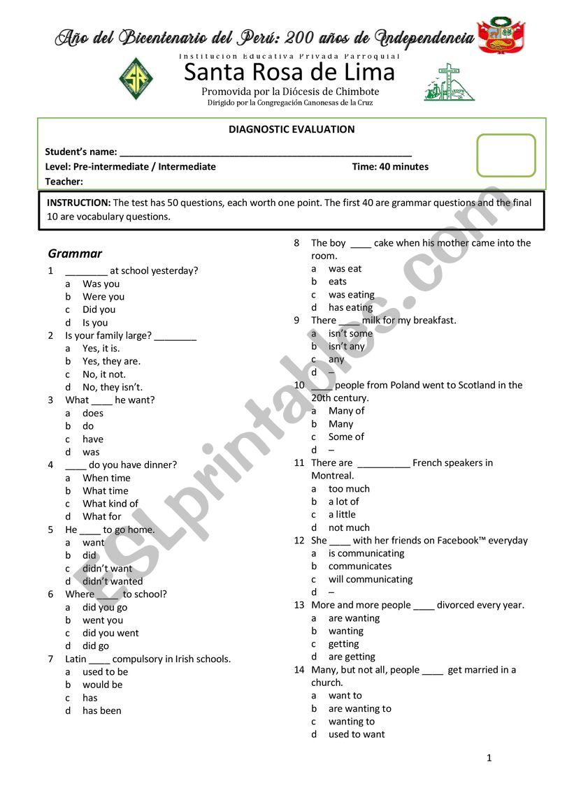 PLACEMENT TEST 3 - PRE-INTERMEDIATE / INTERMEDIATE 