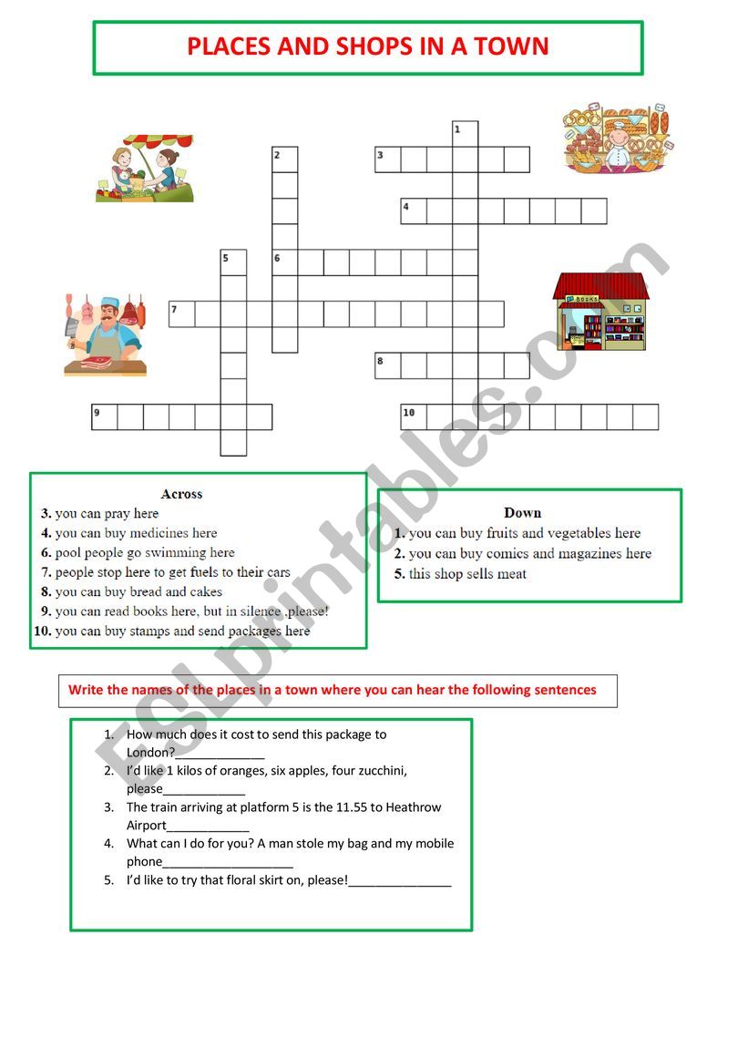 Places and shops in a town worksheet