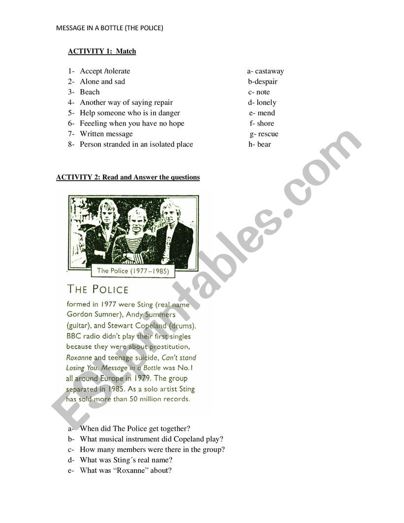 MESSAGE IN A BOTTLE worksheet