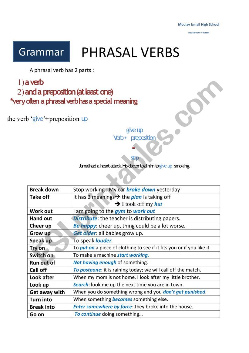 phrasal verbs summary worksheet