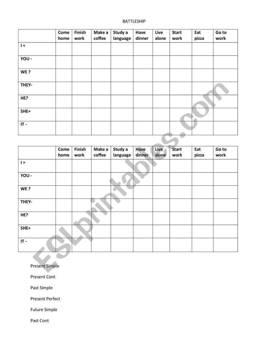 Battleship worksheet