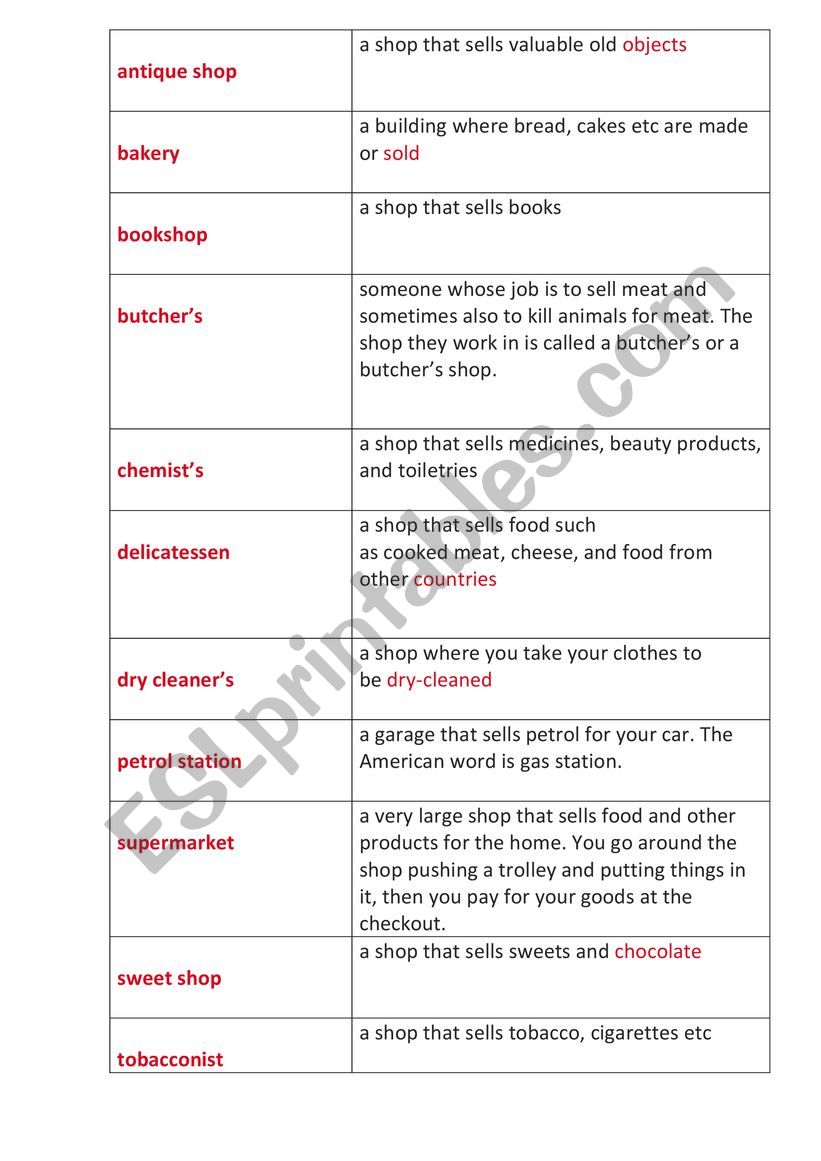 types of shops worksheet