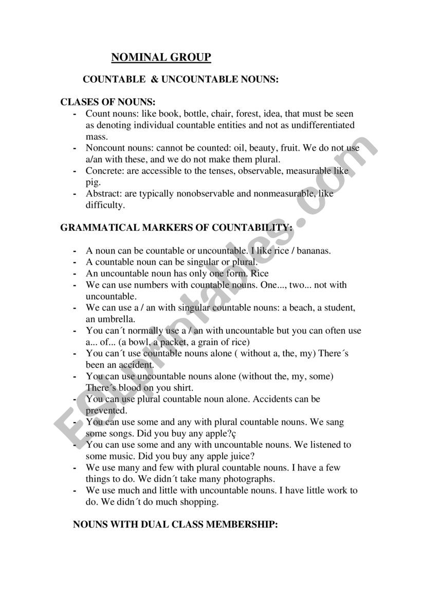 COUNTABLE &UNCOUNTABLE NOUNS worksheet