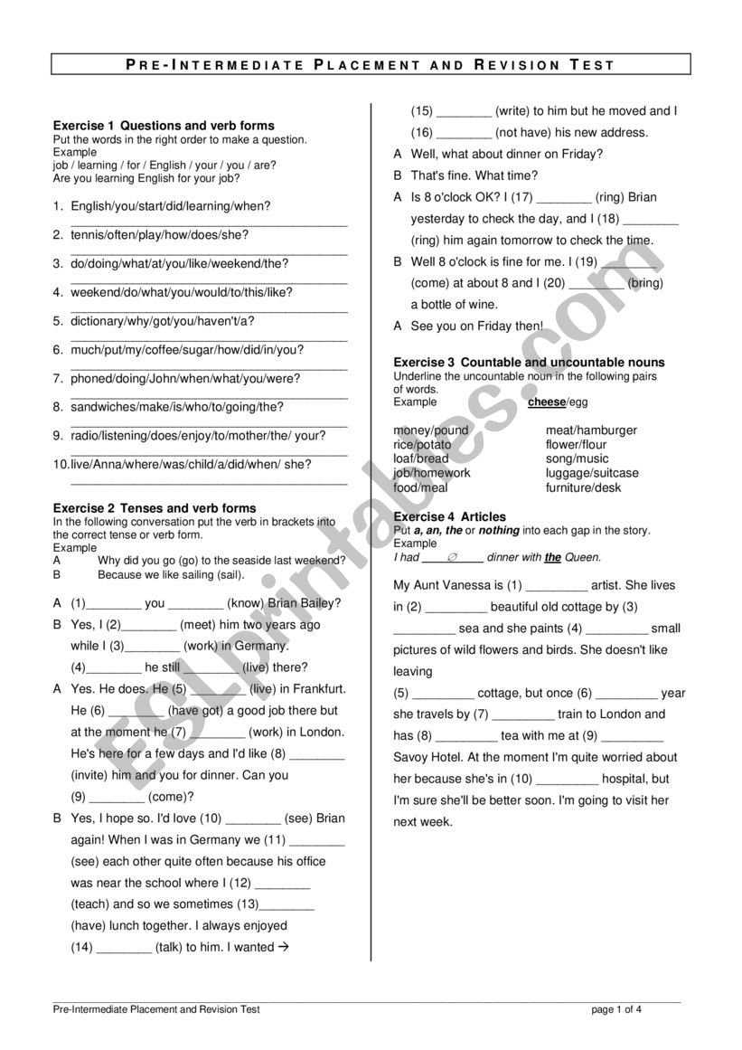 PRE-INTERMEDIATE PLACEMENT AND REVISION TEST