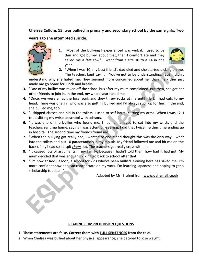 Bullying and suicide attempt - reading comprehension exercises
