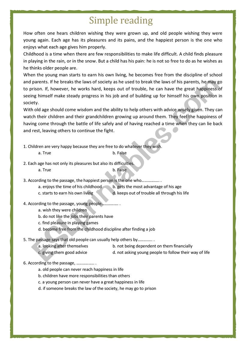 reading form worksheet